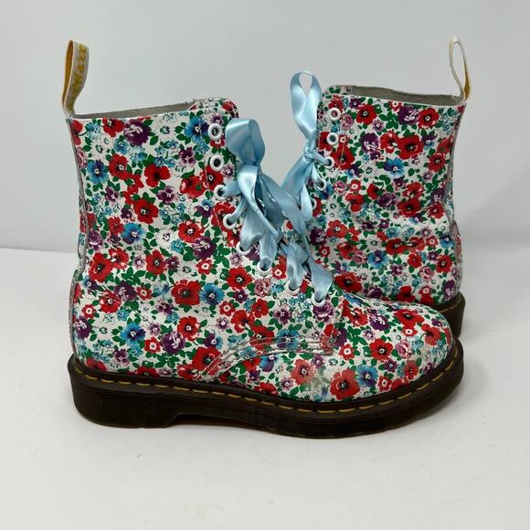 Dr. Marten Boots Women's Size 8 Blue Pascal Floral Print Ribbon Laces Combat - Picture 11 of 16